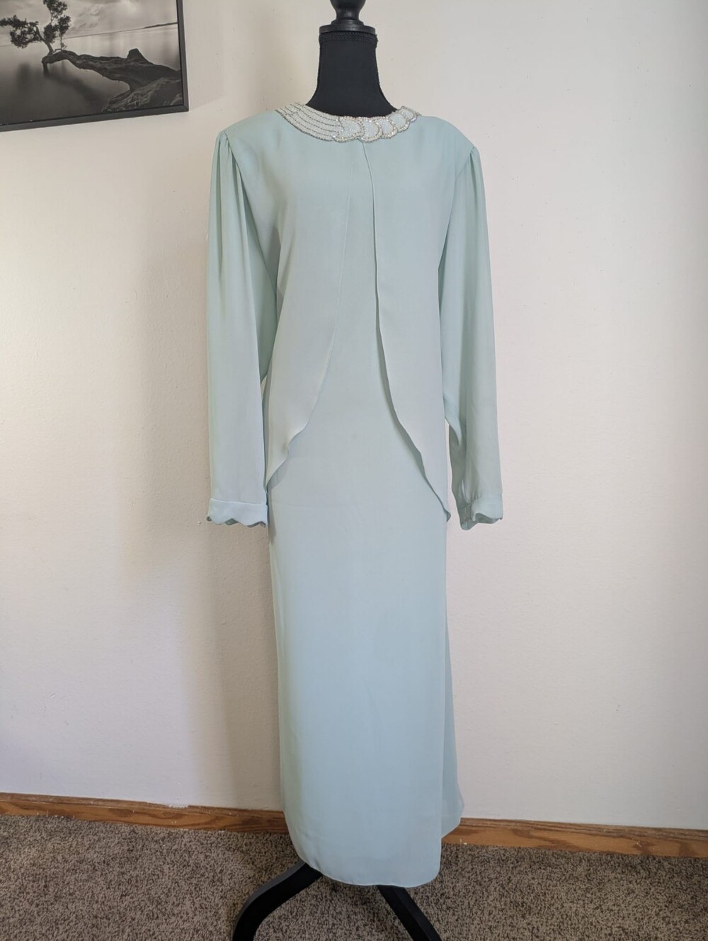 Vintage Miss Elliette Mint Green Beaded Evening Gown - Size 24
